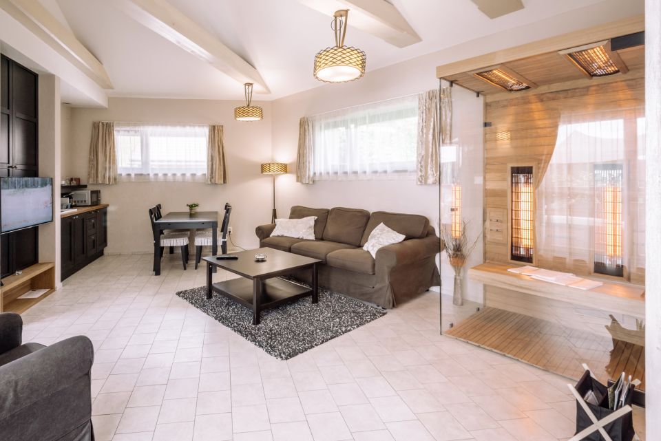Suite living room with infrared sauna